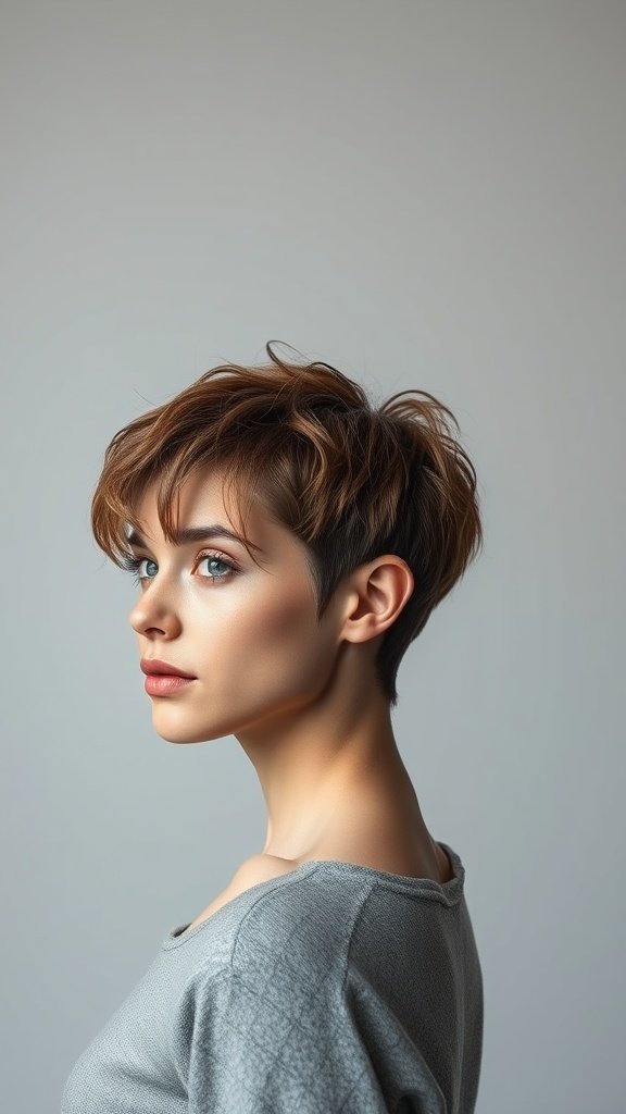 A woman with a wet look shaggy pixie haircut, showcasing volume and texture.