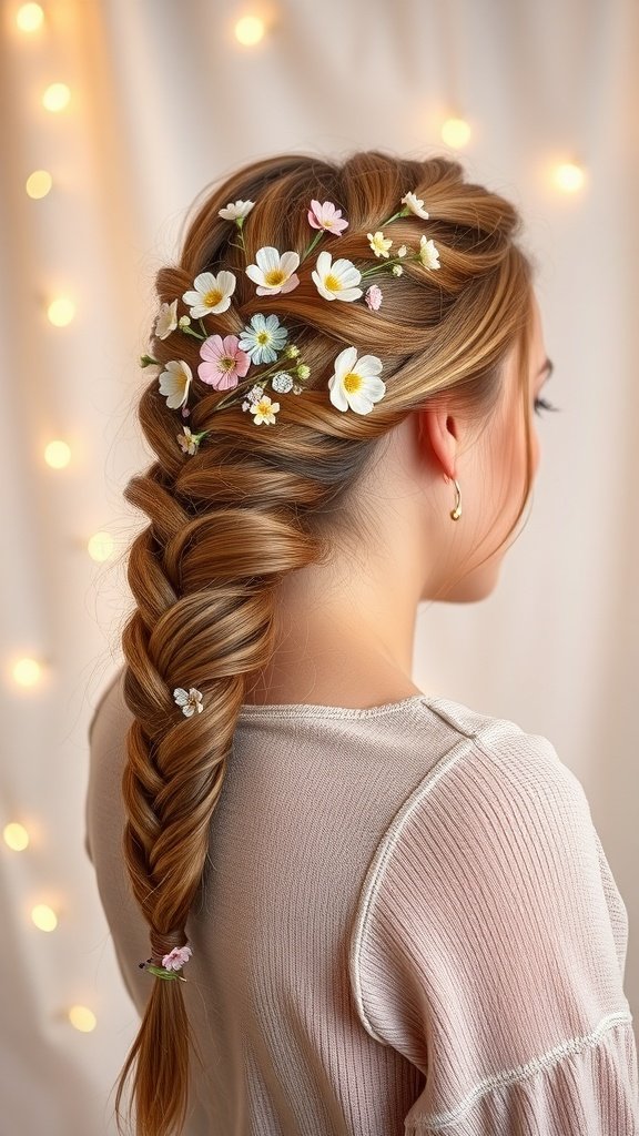 A beautiful side swept French braid adorned with flowers, showcasing a romantic hairstyle.