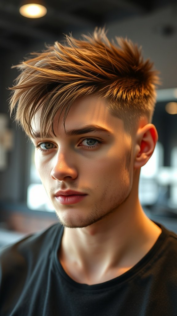 A young man with a stylish wolf cut featuring razor-cut ends, showcasing a modern and edgy hairstyle.