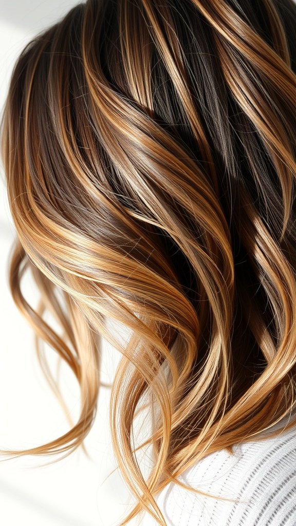 A close-up view of hair styled in almond brown with blonde lowlights, showcasing soft waves and a blend of colors.