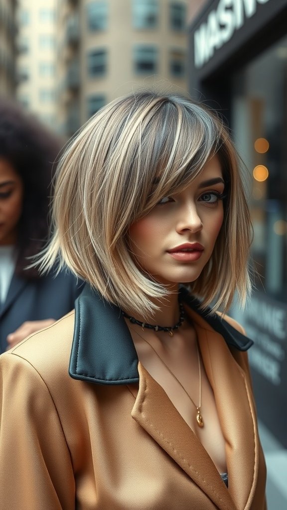 A woman with an angled choppy bob hairstyle, featuring a slick texture and fringe, standing outdoors.