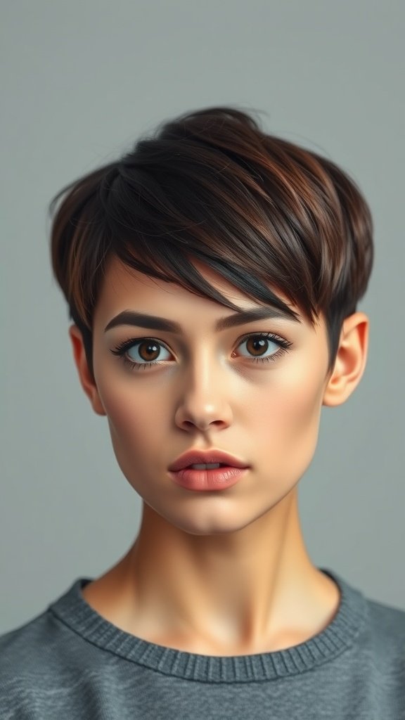 A woman with an angular pixie haircut featuring precision cut bangs, showcasing a modern and stylish look.