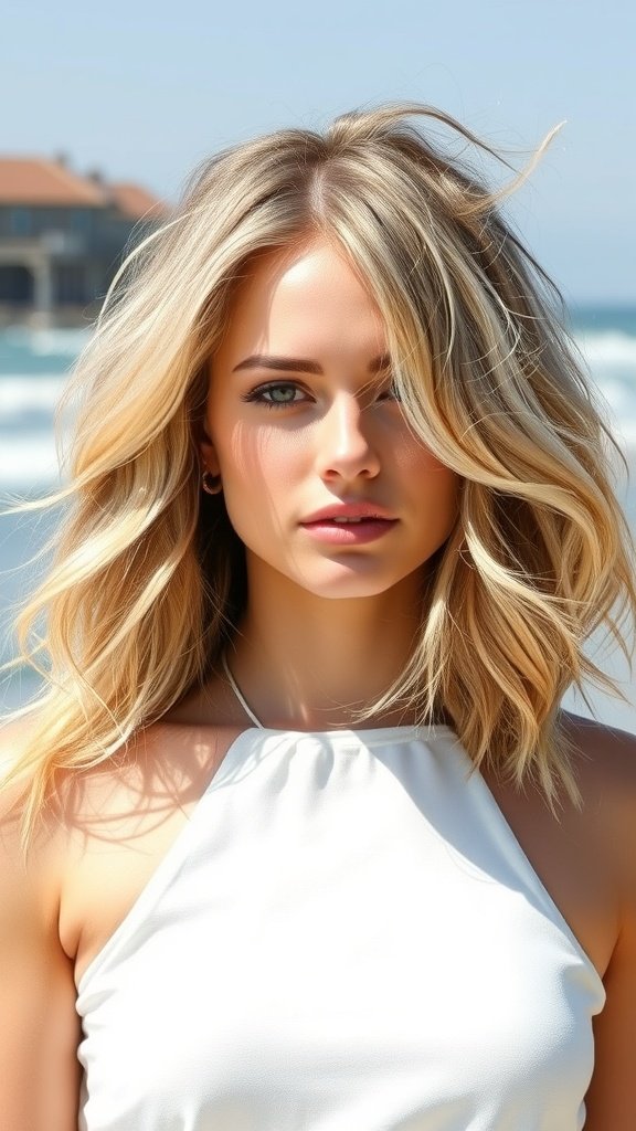 A woman with ash blonde lob hairstyle and beachy waves, standing by the beach.