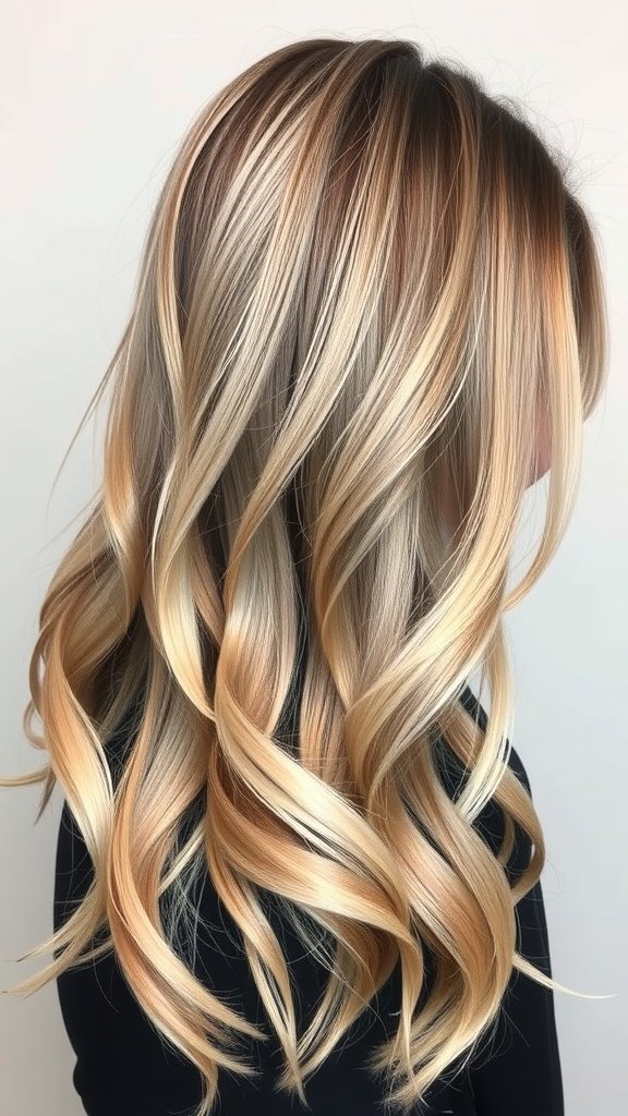 Ash blonde hair with glossy chestnut streaks styled in loose waves