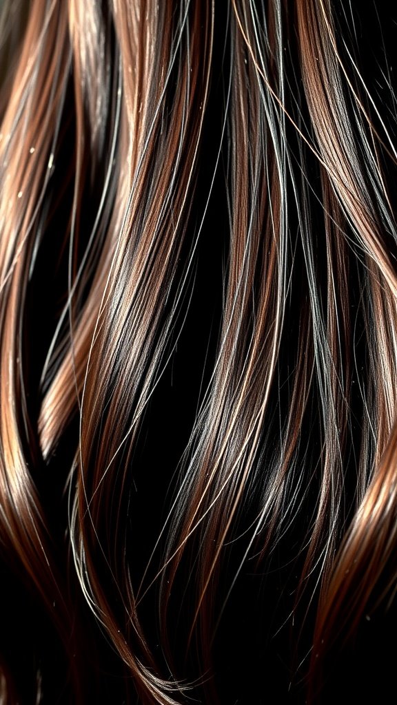 Close-up of dark brown hair with black cherry highlights, showcasing the vibrant contrast and shine.