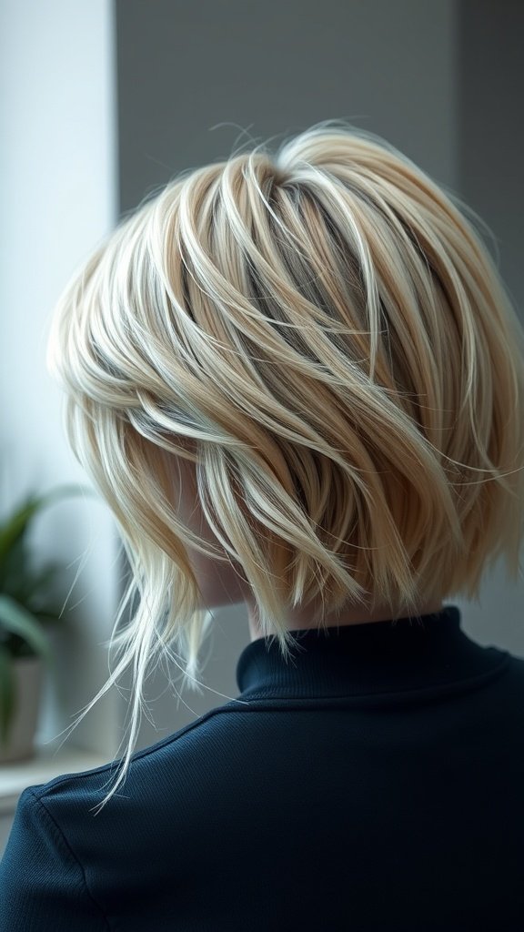 A blonde shag hairstyle featuring electric blue lowlights, showcasing texture and vibrant color contrast.