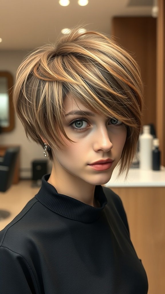 A woman with a blunt-shaggy pixie haircut featuring subtle highlights, looking stylish and confident.