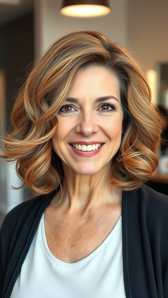 A woman with a blunt curly bob hairstyle and side-swept bangs, smiling confidently.