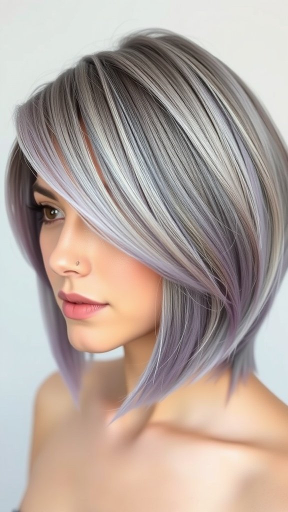 A stylish bob hairstyle featuring blended grays and lavender highlights.