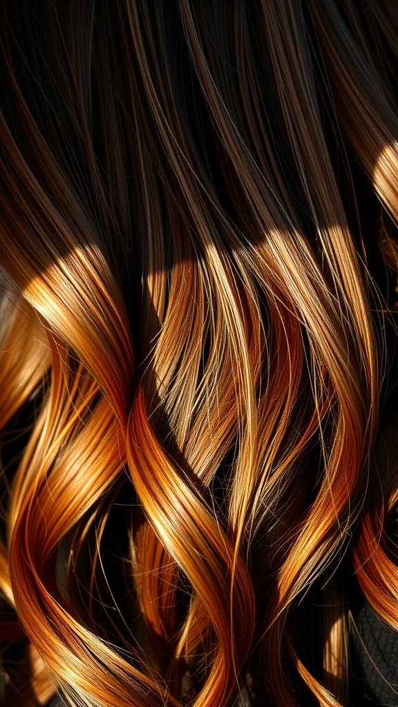 Close-up of deep brown hair with caramel highlights styled in waves