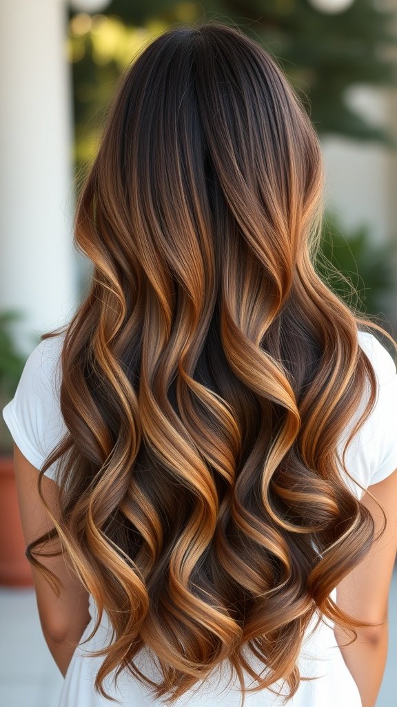 A woman with ultra long hair styled in caramel ombre waves, showcasing a beautiful blend of dark roots and warm caramel tones.