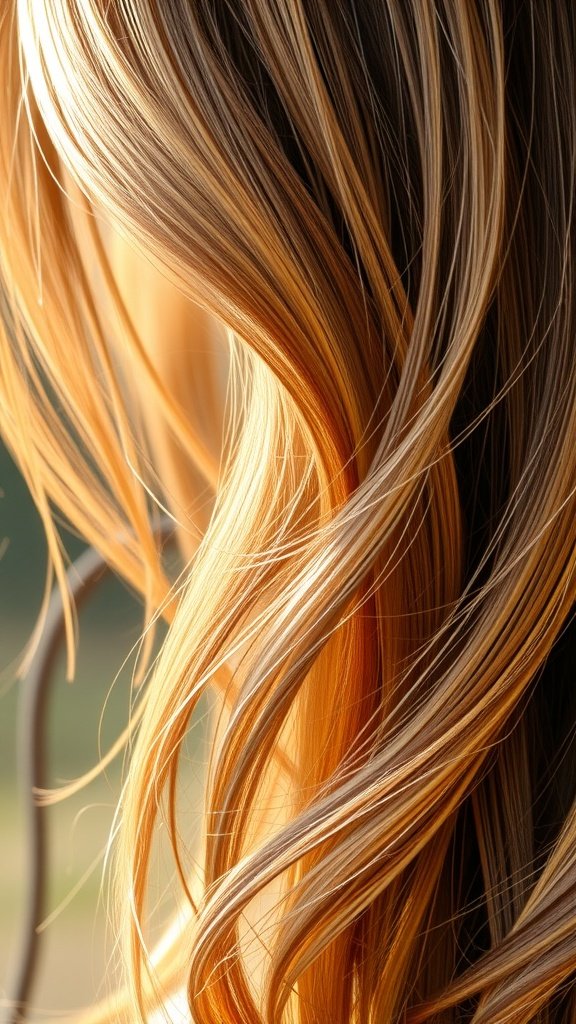Close-up of hair with chestnut highlights on golden brown hair, showcasing soft waves and warm tones.