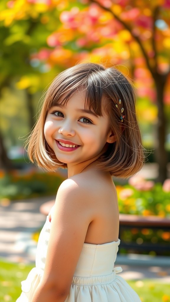 A young girl with a chic bob hairstyle featuring feathered layers, smiling in a colorful outdoor setting.