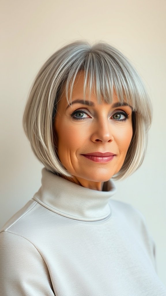 A woman with a chic French bob hairstyle featuring short bangs, wearing a light turtleneck.