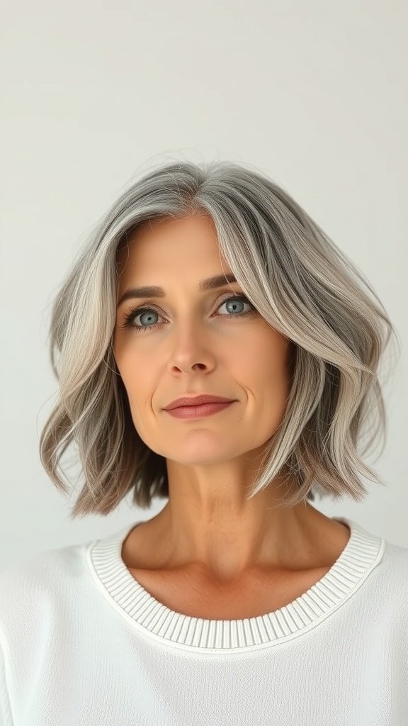 A woman with a chin-length bob hairstyle featuring natural waves, showcasing gray hair.