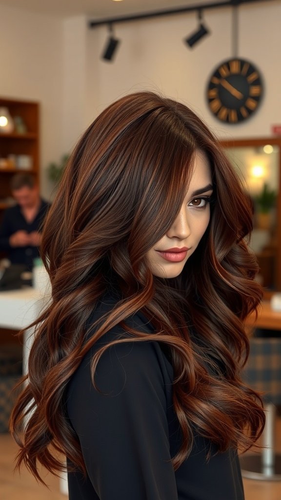 A woman with chocolate auburn hair styled in soft waves, showcasing rich tones and depth.