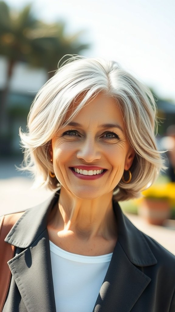 A woman with a choppy lob hairstyle and subtle waves, smiling outdoors.