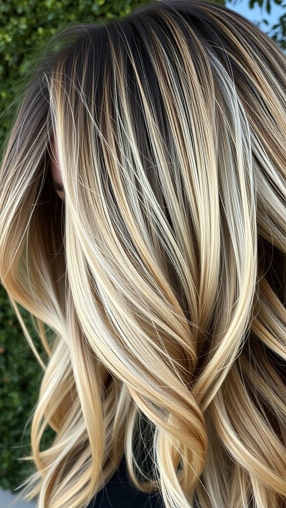 A hairstyle featuring chunky blonde highlights with dark roots, showcasing a blend of colors and textures.