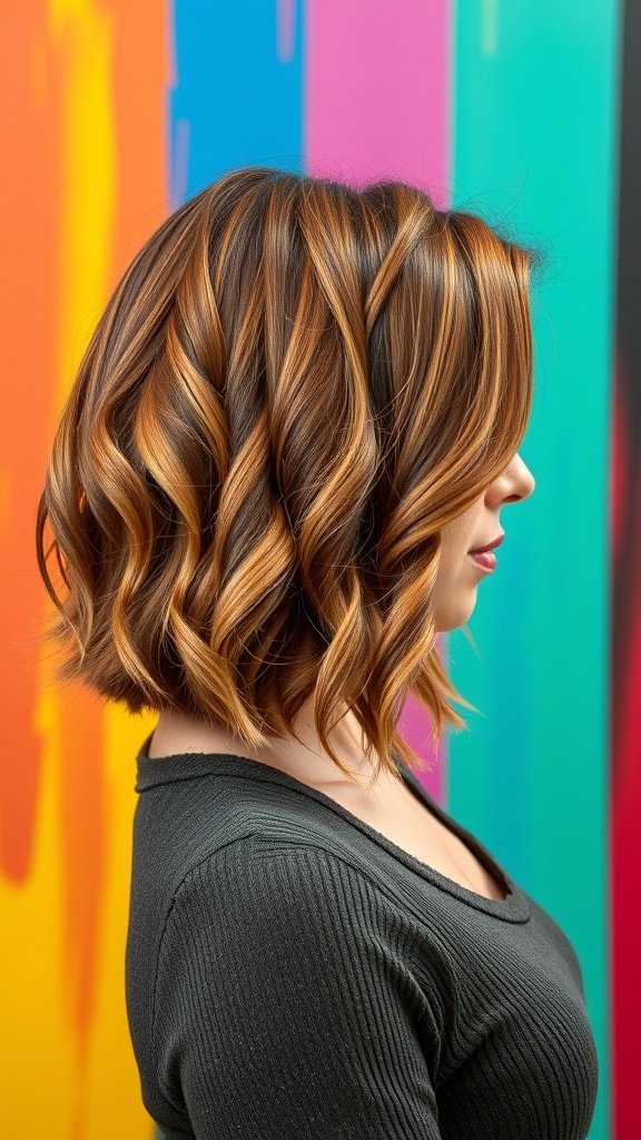 A woman with a textured bob hairstyle featuring warm cinnamon tones, styled with soft waves.