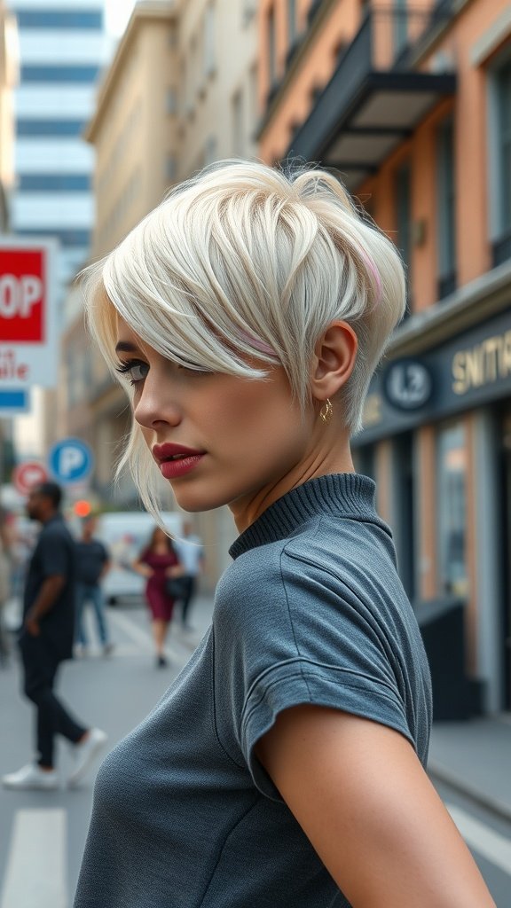 A woman with a classic blonde bixie haircut featuring peek-a-boo pastel highlights, standing confidently in an urban setting.