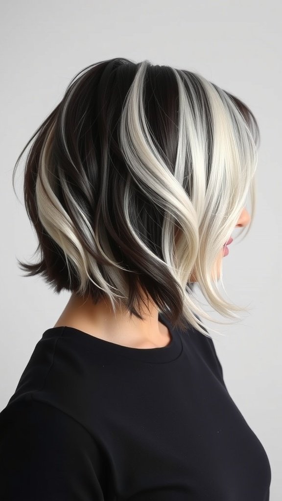 A stylish classic bob haircut featuring bold black and white contrast, styled with soft waves.