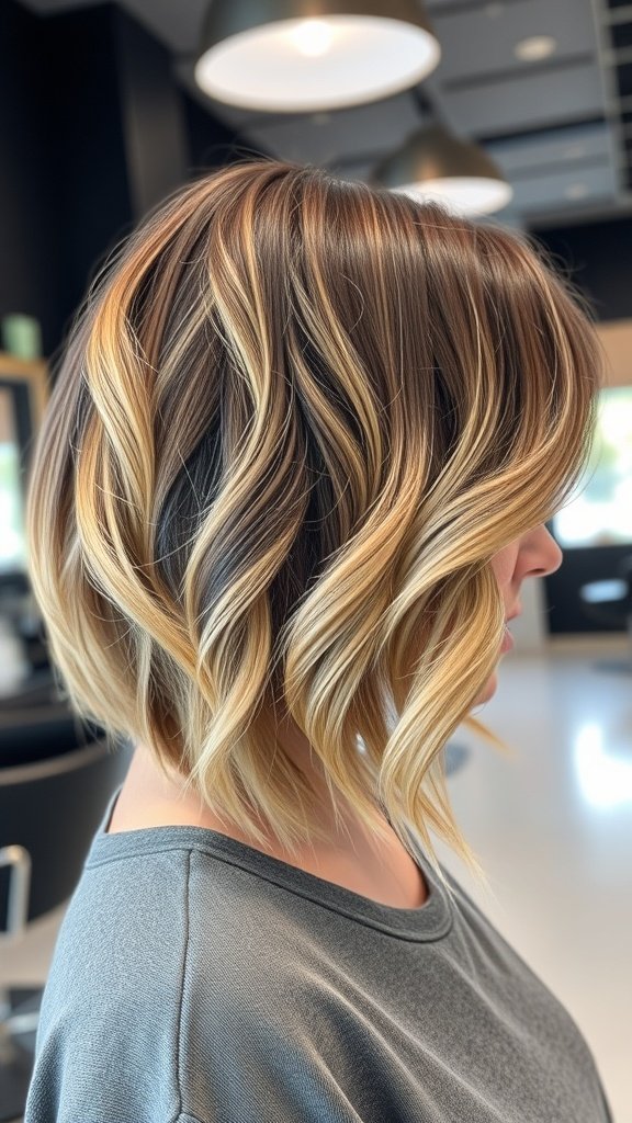 A woman with a classic bob hairstyle featuring soft waves and highlights.
