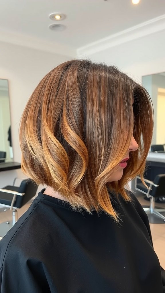 A stylish classic bob haircut with undercut layers, featuring soft waves and warm hair tones.