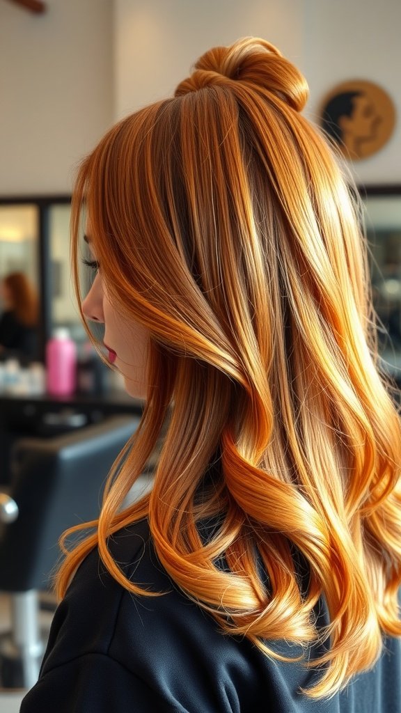 A woman with copper brown hair featuring goldenrod highlights, styled in soft waves.
