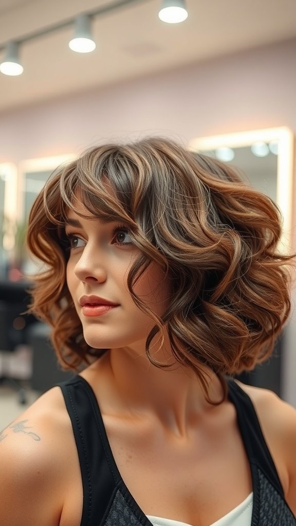 A woman with a curly bob hairstyle and layered fringe, looking stylish and confident.