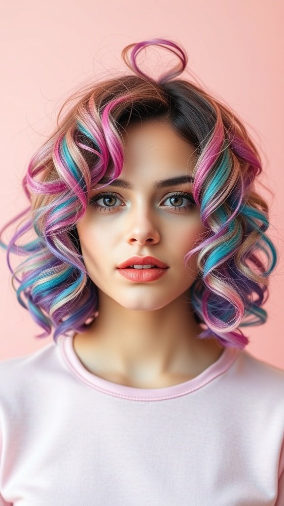 A woman with a curly bob hairstyle featuring textured waves and colorful highlights.