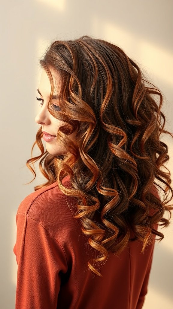 A woman with shoulder-length curly hair styled in feathered layers, showcasing rich tones and bouncy curls.