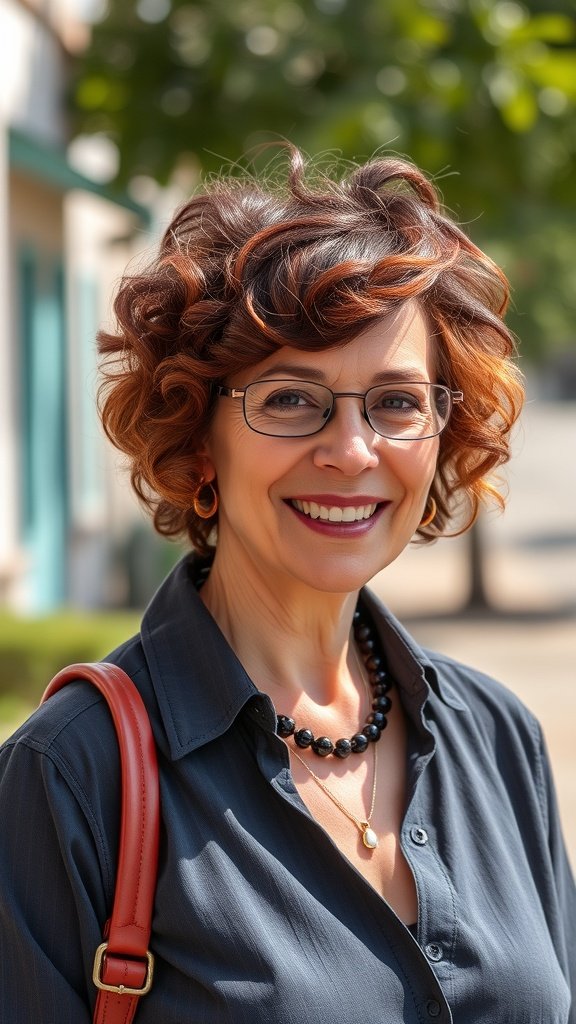A woman with a curly tapered pixie cut, smiling outdoors.