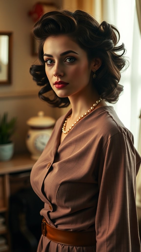 A woman with dark brown retro curls, wearing a vintage outfit and pearl jewelry, posing in a cozy setting.