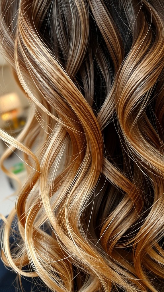 Close-up of light brown hair with dark honey highlights styled in spirals.