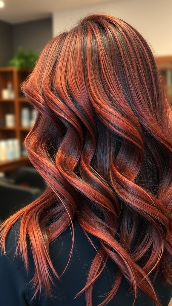 A hairstyle featuring a dynamic blend of copper and blackberry tones, styled in loose waves.