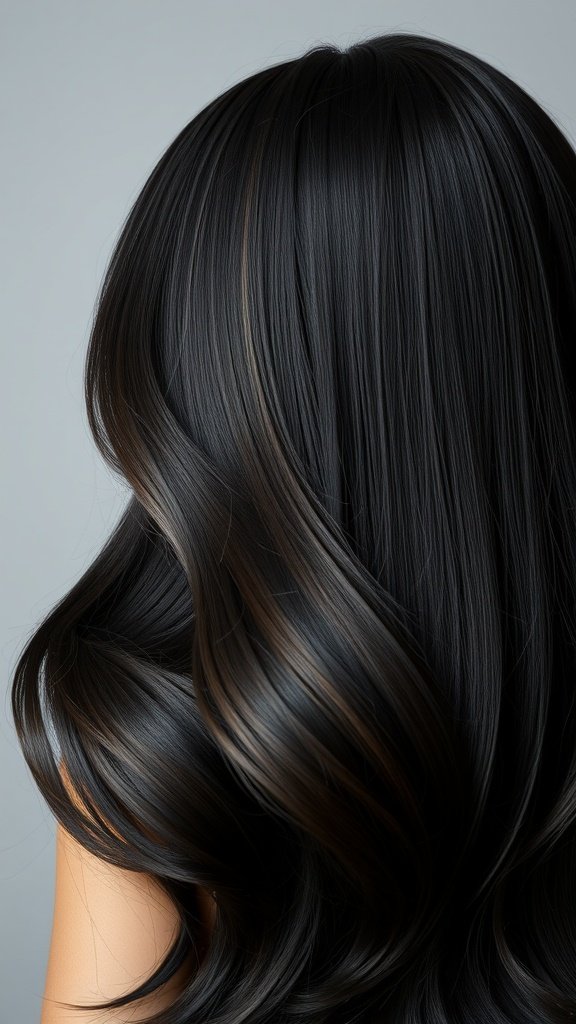 A hairstyle featuring eclipse black hair with gray contouring and soft waves.