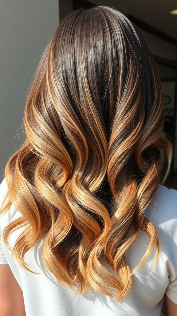 Espresso to caramel macchiato ombre hair color with soft waves