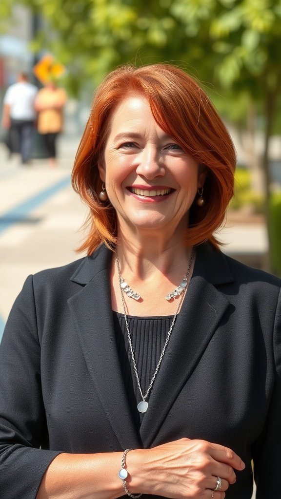 A woman with fiery red hair styled in bold straight layers, smiling confidently outdoors.
