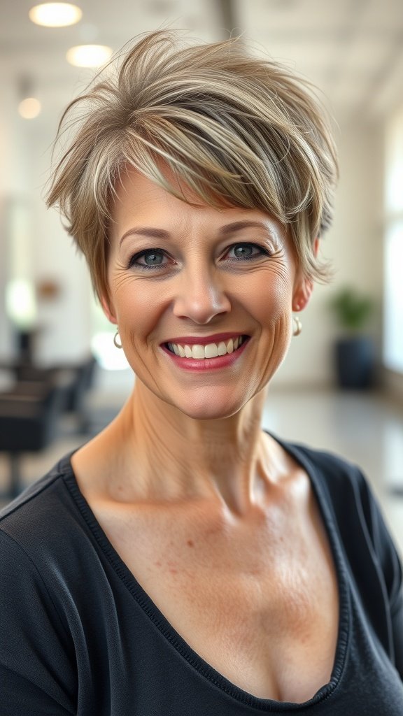 A woman with a graduated pixie hairstyle featuring a feathered nape, smiling confidently.