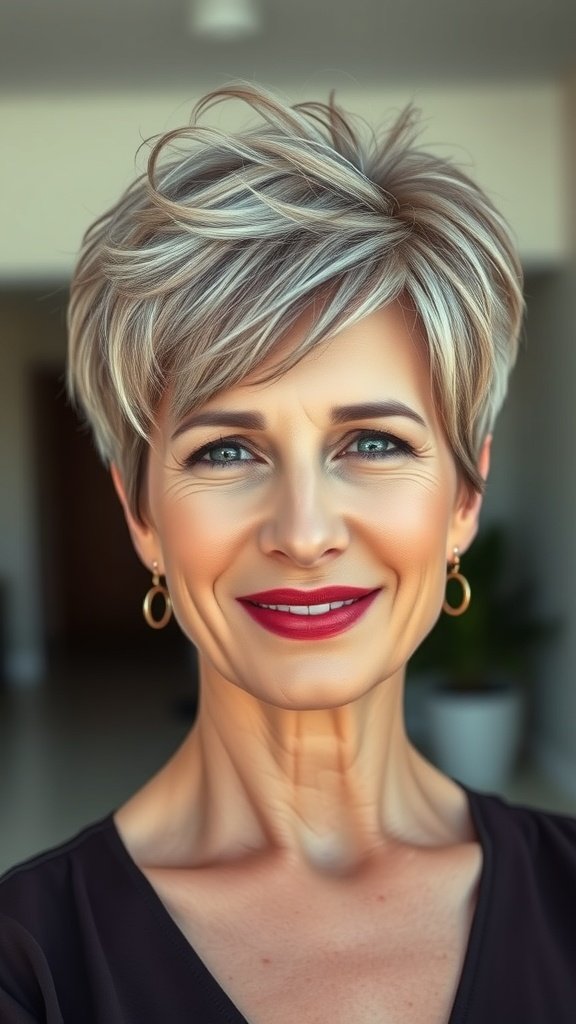 A woman with a graduated pixie hairstyle and textured top, smiling confidently.