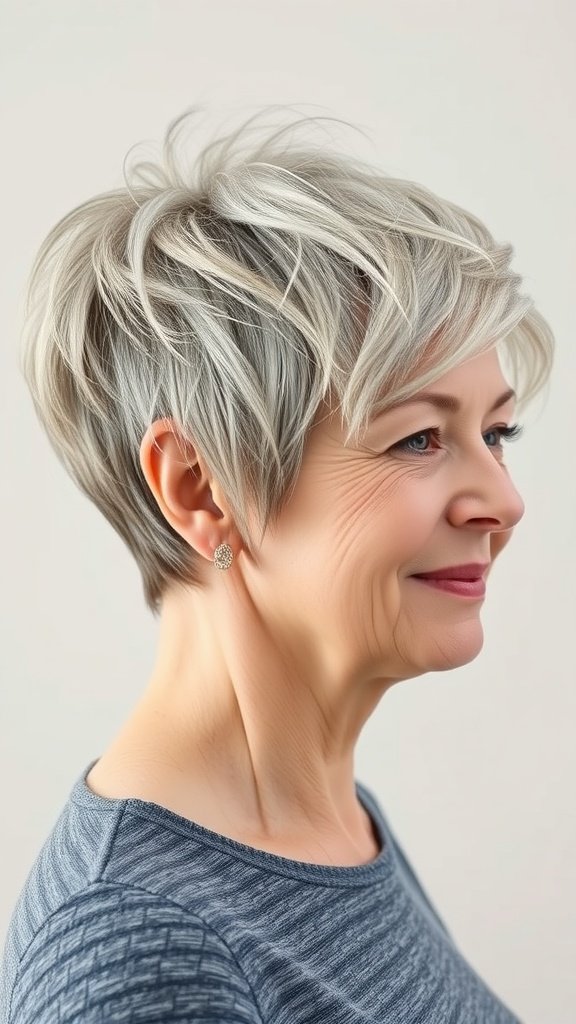 A woman over 60 with a graduated pixie hairstyle featuring a textured top, smiling softly.