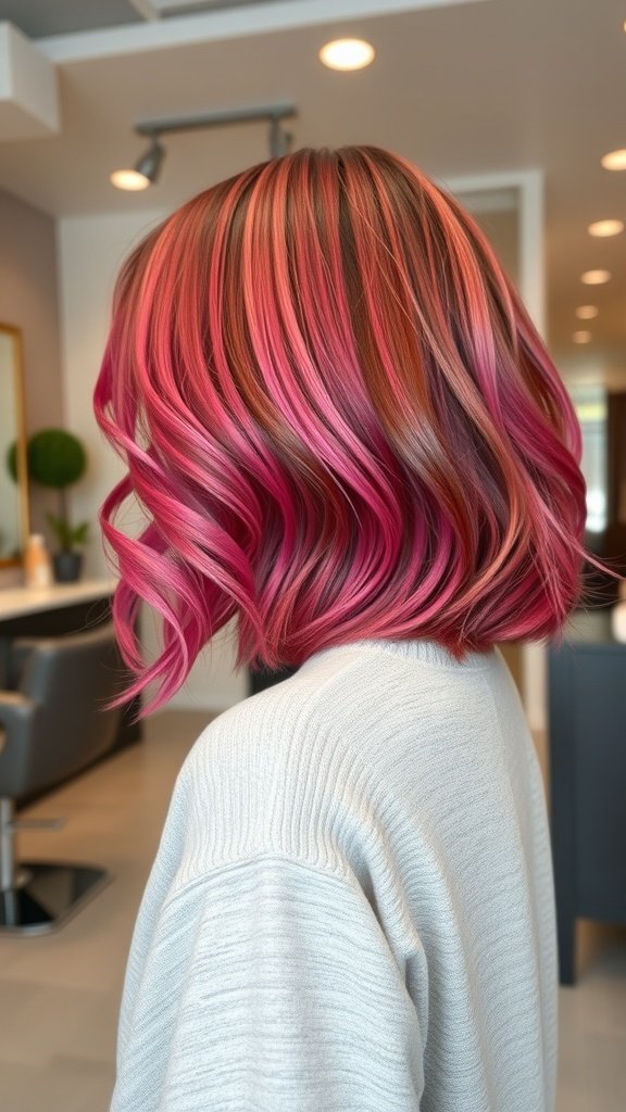 A stylish high-low bob hairstyle with vibrant pink and brown colors, featuring soft waves and a smooth finish.