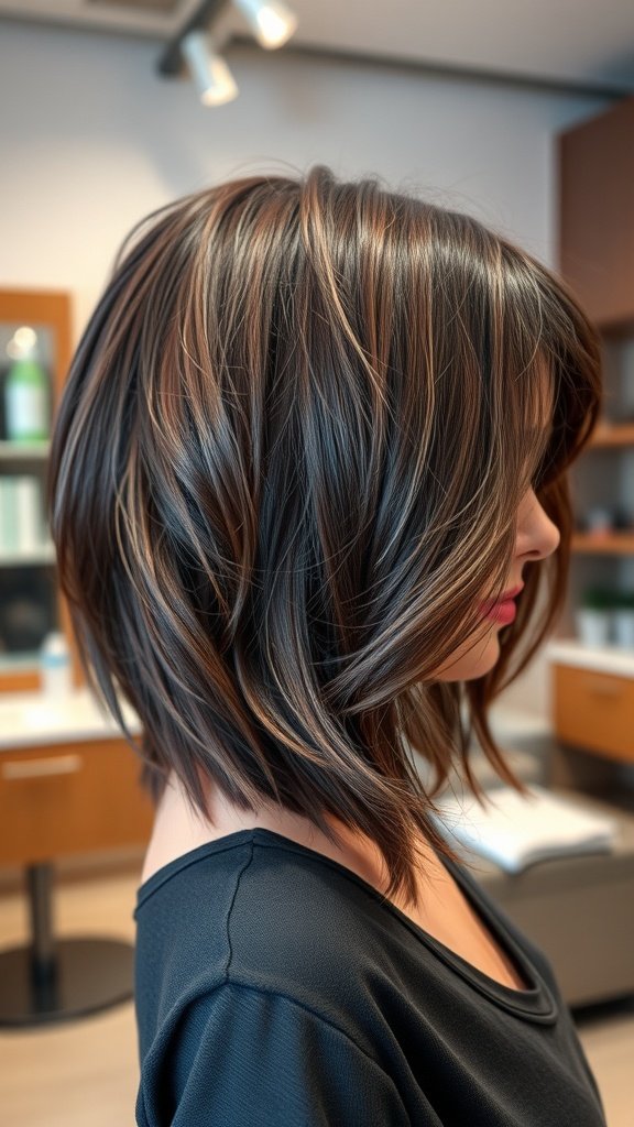 A high-low feathered bob hairstyle with a deep side part, showcasing layers and volume.
