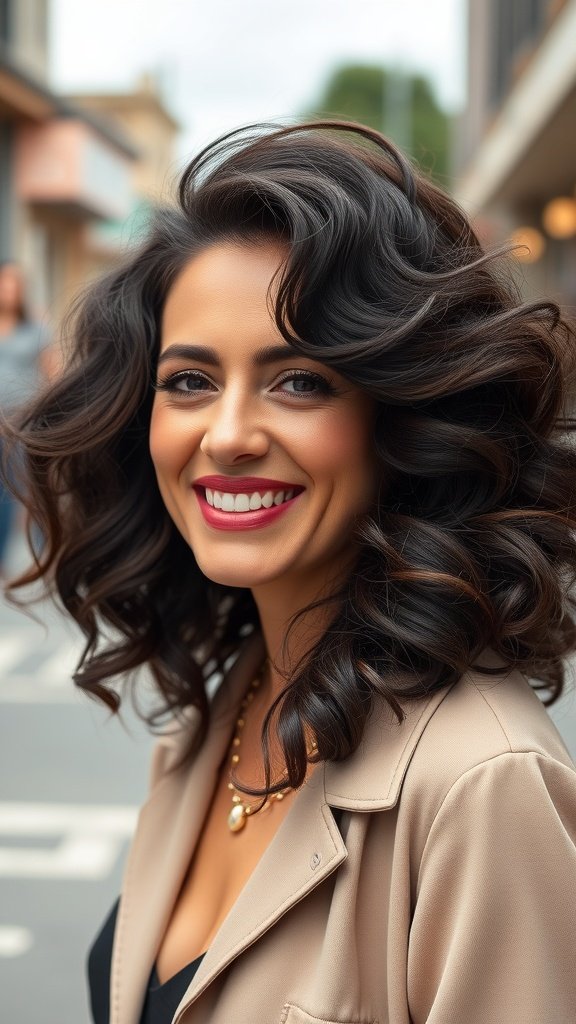 A woman with high-volume collarbone-length curls, smiling brightly in a casual setting.