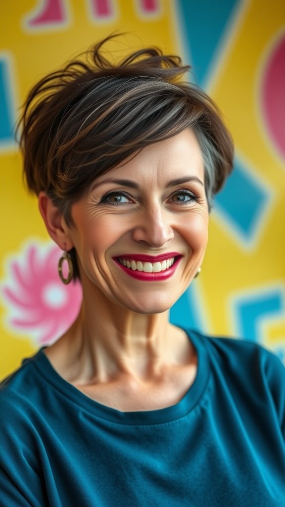 A woman with a high-volume pixie hairstyle and long side bangs, smiling confidently.