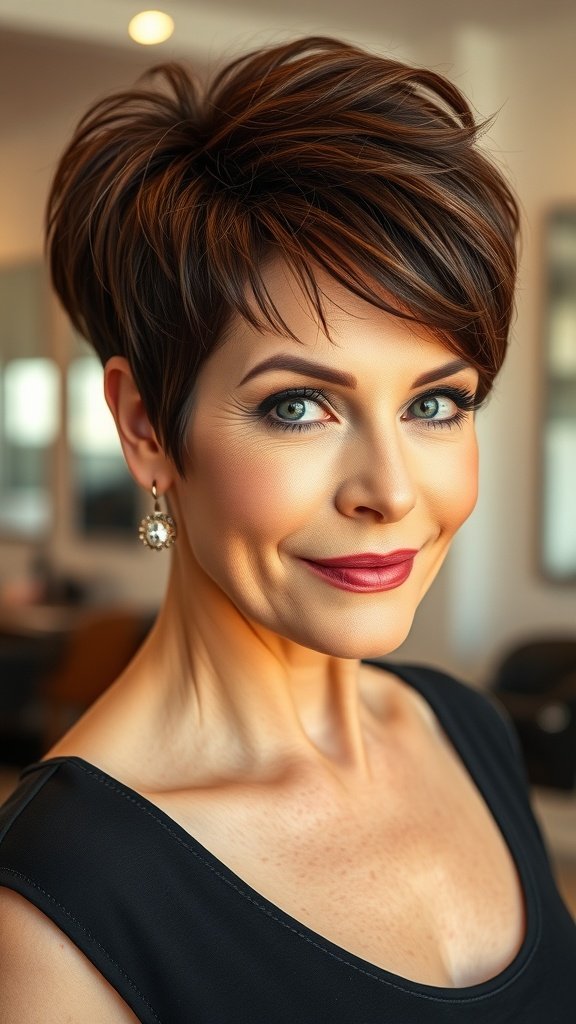 A woman with a high-volume pixie hairstyle and long side bangs, showcasing a stylish and youthful look.