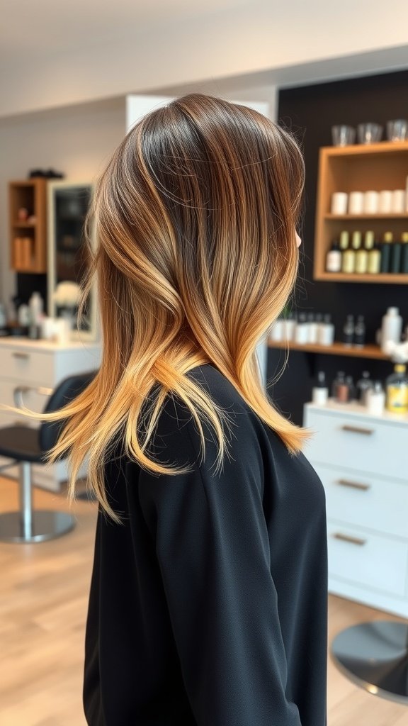 A woman with honey dip ombre hair, showcasing a dark base transitioning to lighter honey tips, in a salon setting.