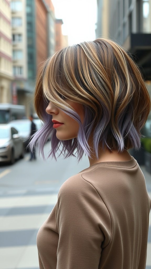 A woman with a honeycomb brown wavy bob hairstyle featuring peek-a-boo lavender highlights, standing in a city street.