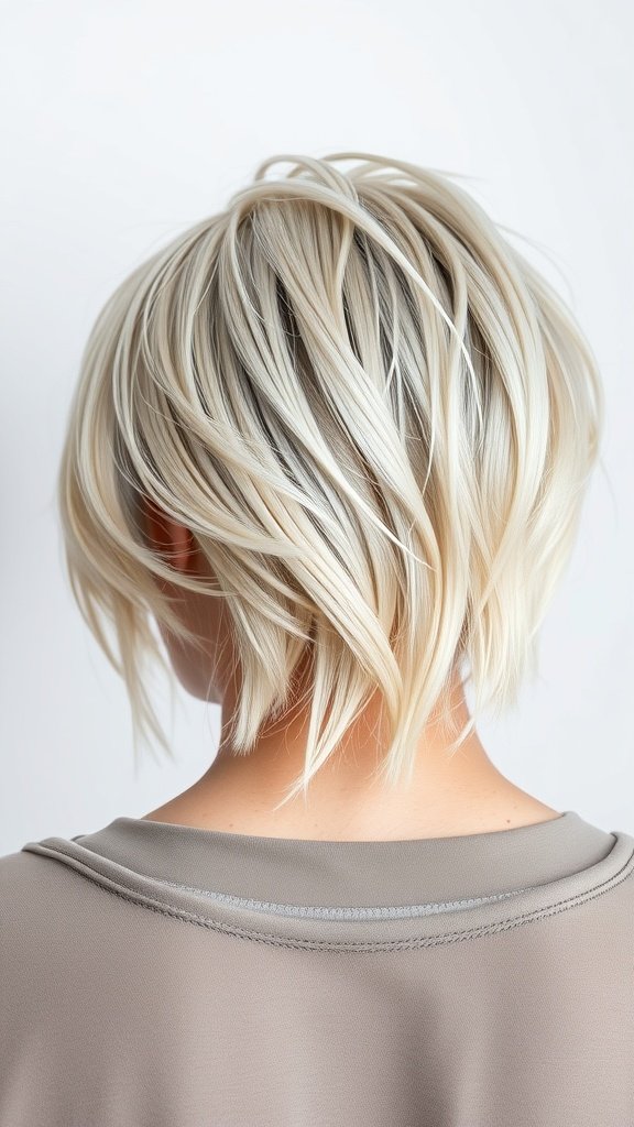 Back view of a woman with an icy blonde shag haircut featuring choppy layers.