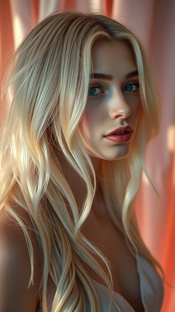 A model with long, wavy iridescent pearl blonde hair, showcasing a radiant and luminous look.